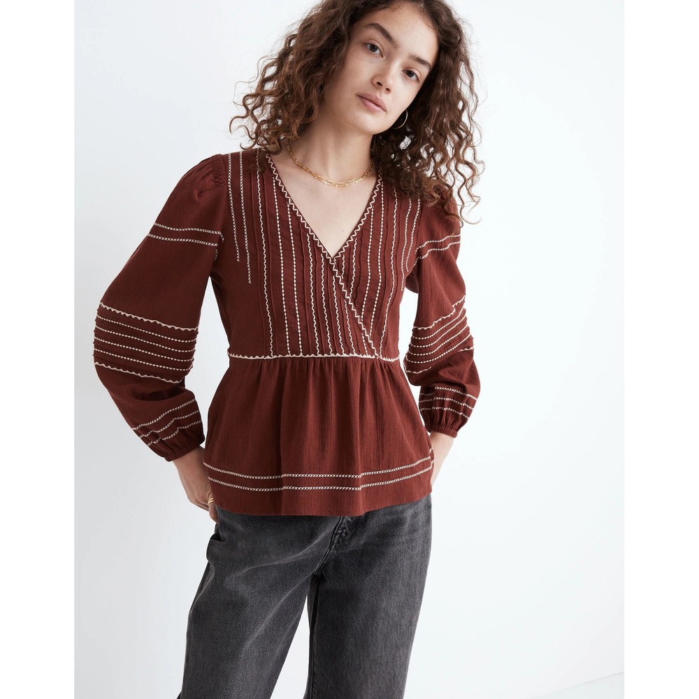 Madewell Embroidered Faux-Wrap Top Women Size S Brown Long Sleeve Peplum